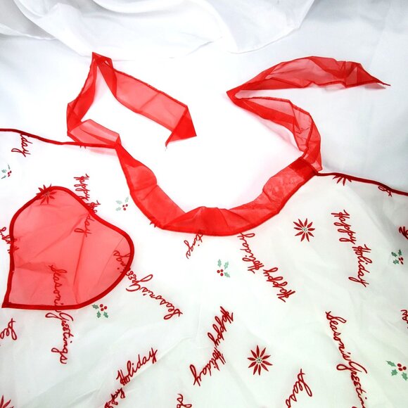 VTG Sheer Organza Christmas Happy Holiday Half Apron White and Red See-Through - Picture 3 of 5